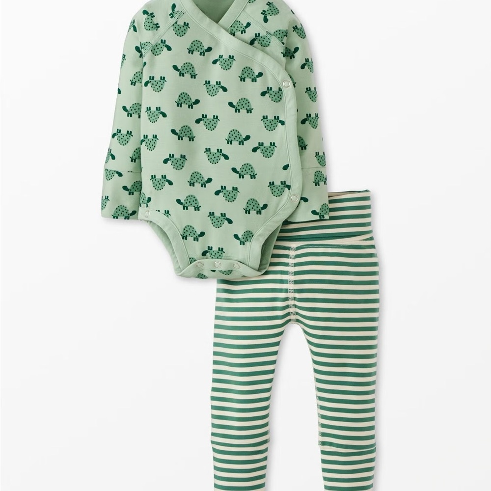Green Turtle Print baby wiggle Bodysuit & Striped Leggings Set